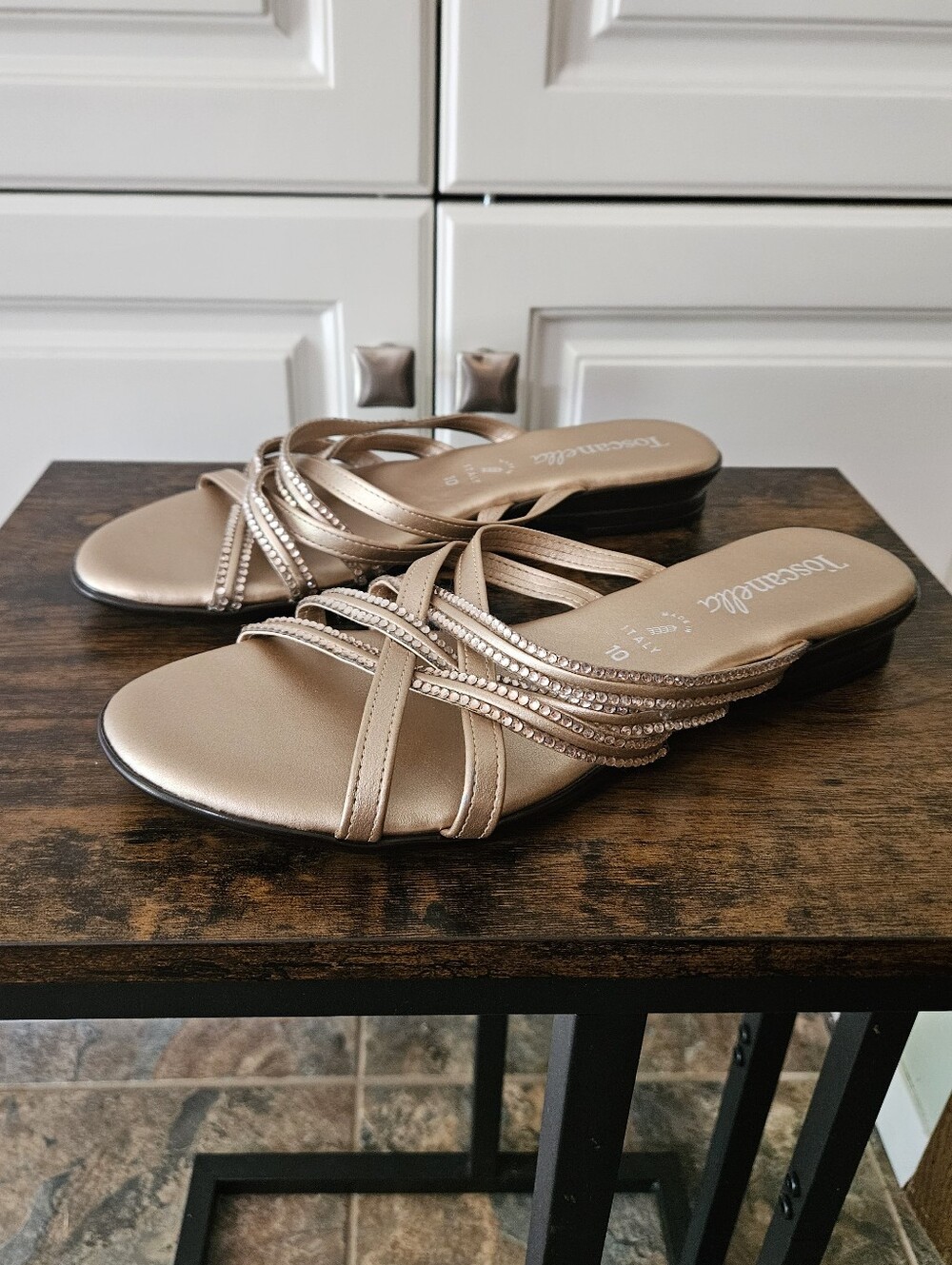 Toscanella Italian Metallic Gold Rhinestone Strappy Slide Sandals Dressy Formal